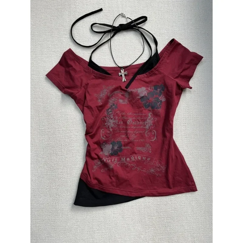 Y2k T-shirt for Women American Vintage Print Halter Neck Fake Two Summer 2025 Sweet sexy style Short Sleeved T-shirts