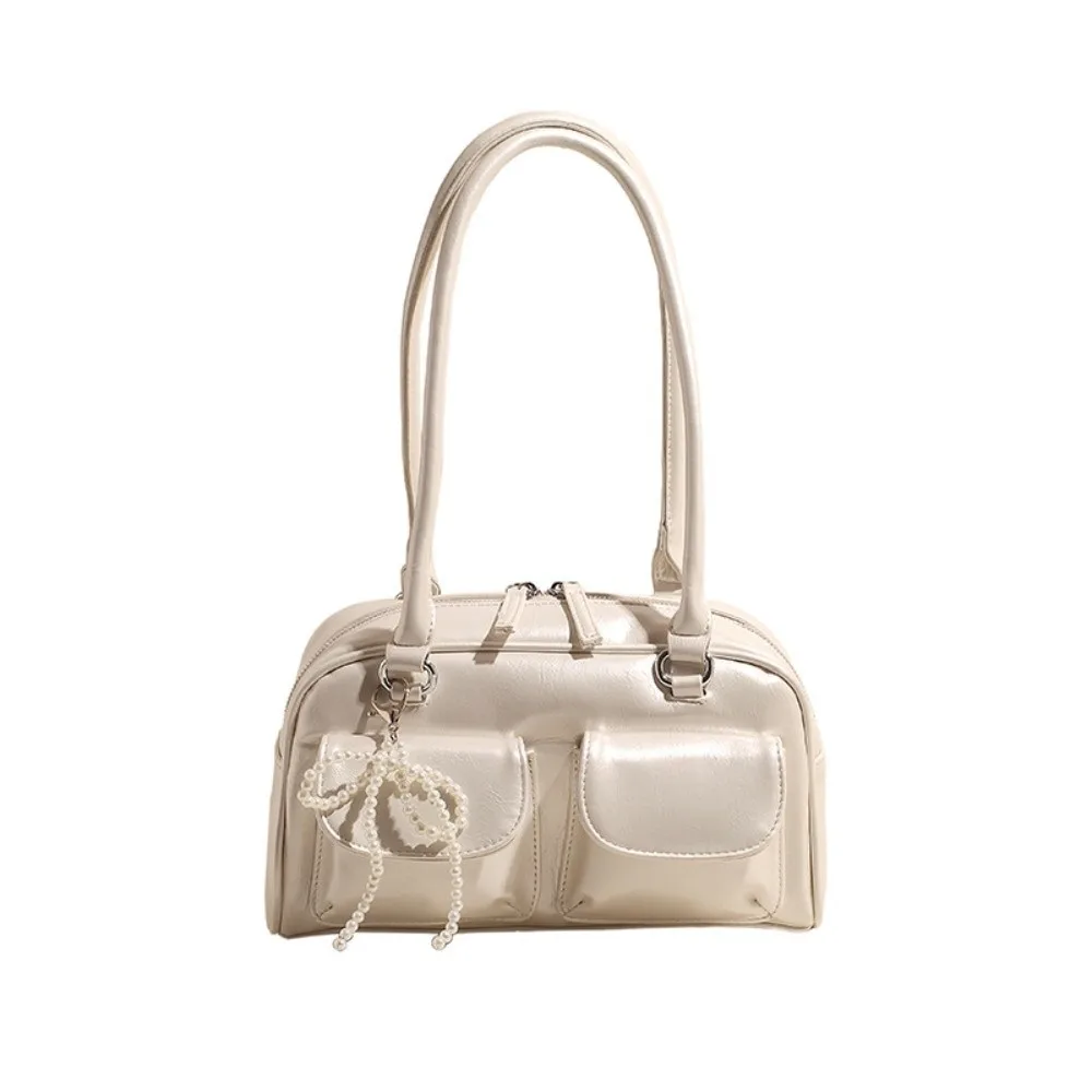 

Casual Korean Style PU Bowling Bag Handbag Solid Color Pocket Boston Tote Bag French Style Minority Design Underarm Bag Women