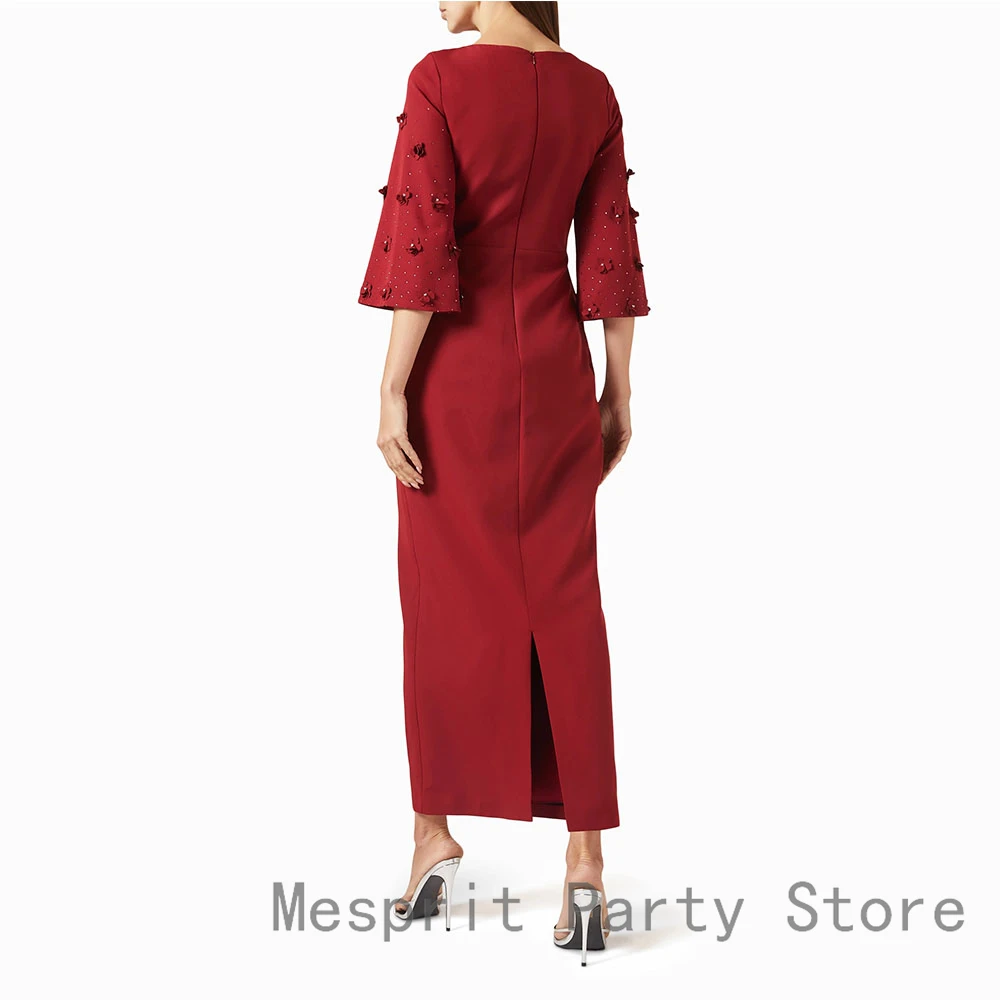 Rotes Ballkleid mit O-Ausschnitt, knöchellanges Abendkleid für Damen, 3/4-Ärmel, formelles Partykleid, Perlenstickerei, Schlitz, Saudi-Kleid mit Blumen – Detail 4