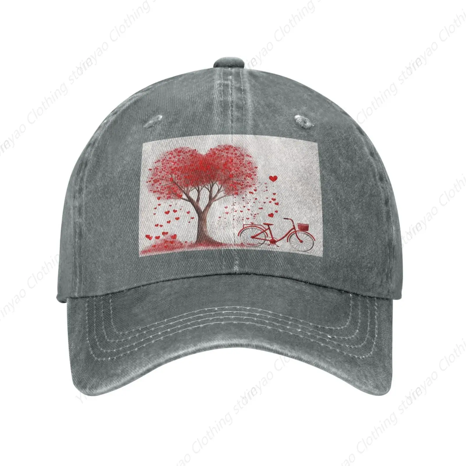 

Mother's Day Valentine's Day Romantic Heart Tree and Bicycle Print Retro Washed Cowboy Baseball Hat Gift Truck Hat