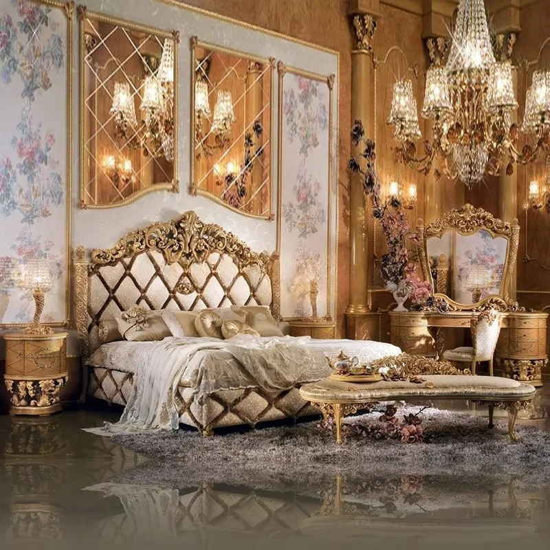 European Style Solid Wood Carved King Size Bed Set French Villa Bedroom Vintage Custom Furniture with Storage Option
