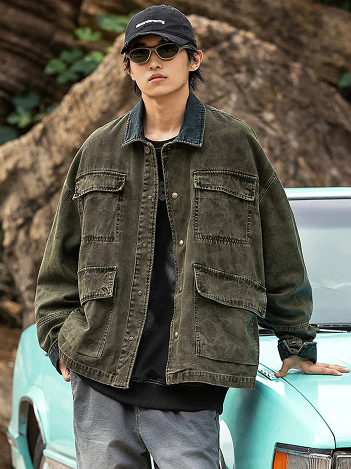 

Retro American Heavy Du Waed Multi ket Workwear Jaet Men Loose Casual Spring Autumn Camouflage Stand Collar Coat