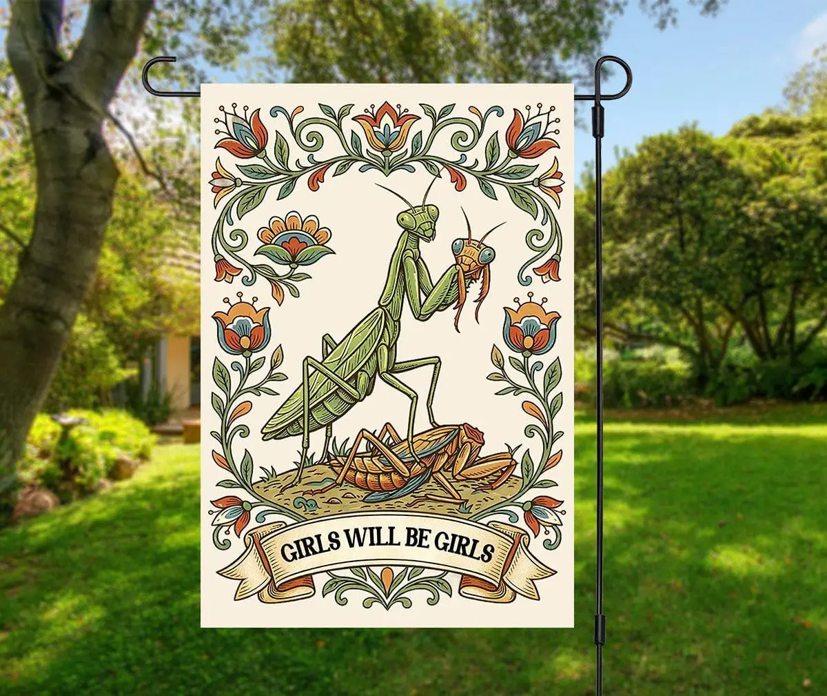 Girls Will Be Girls Garden Flag - Funny Praying Mantis Flag - Vintage Funny Cottage Core - Stay Weird Outdoor Decor - Mantis IIC