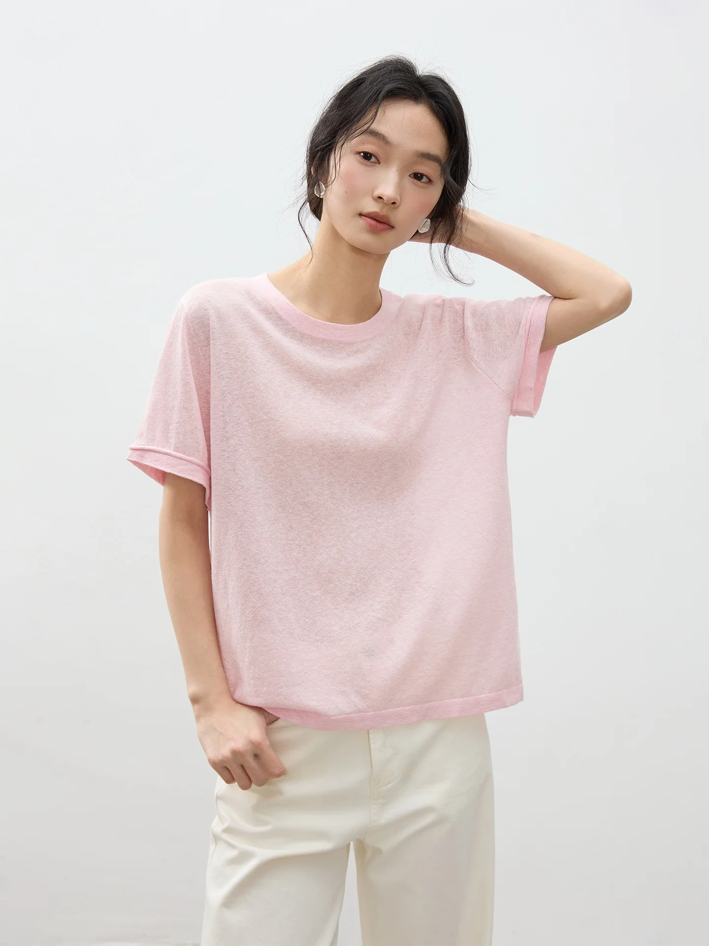

Women's Short Sleeve T-Shirt Linen Spring Summer Base Layer Shirt Pure Color Versatile T-Shirt Casual Loose Fit round Neck