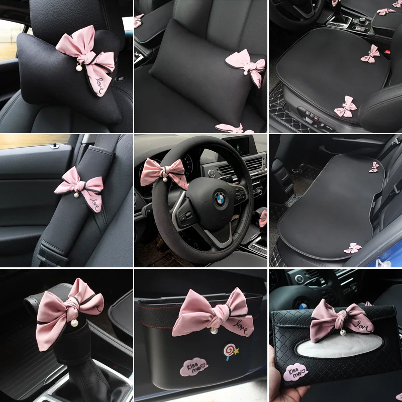 Cute Bowknot Universal Car Seat Headrest Neck Pillow Breathe Ice Silk Auto Waist Support Car Accessories Interior for Women