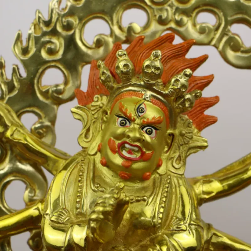 Antique Copper Gilt Six-Armed Mahakala - Tibetan Buddhist Wealth God & Protector Deity Statue, Fortune & Power Feng Shui Craft
