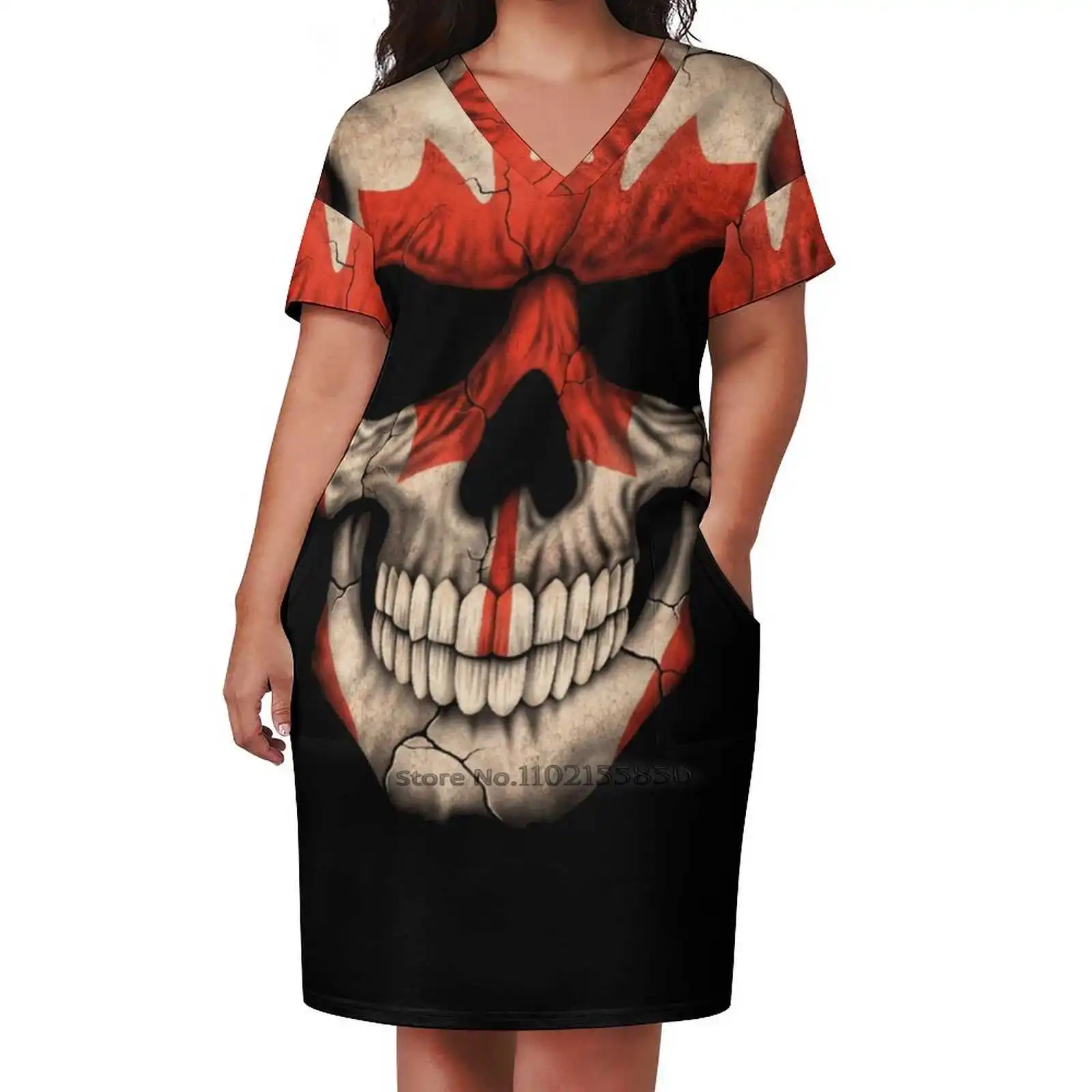 Canadian Flag Skull Loose Pocket Dress Summer Sexy V Neck Dress Print Short Sleeve Dress Canadian Canada Canadian Flag Flag Of