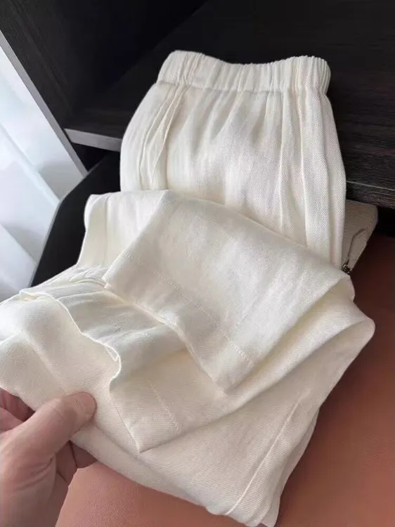 Damskie spodnie z szerokimi nogawkami z bawełny i lnu, codzienne, z wysokim stanem, długie, letnie, cienkie, z elastyczną talią, luźne, typu harlan.