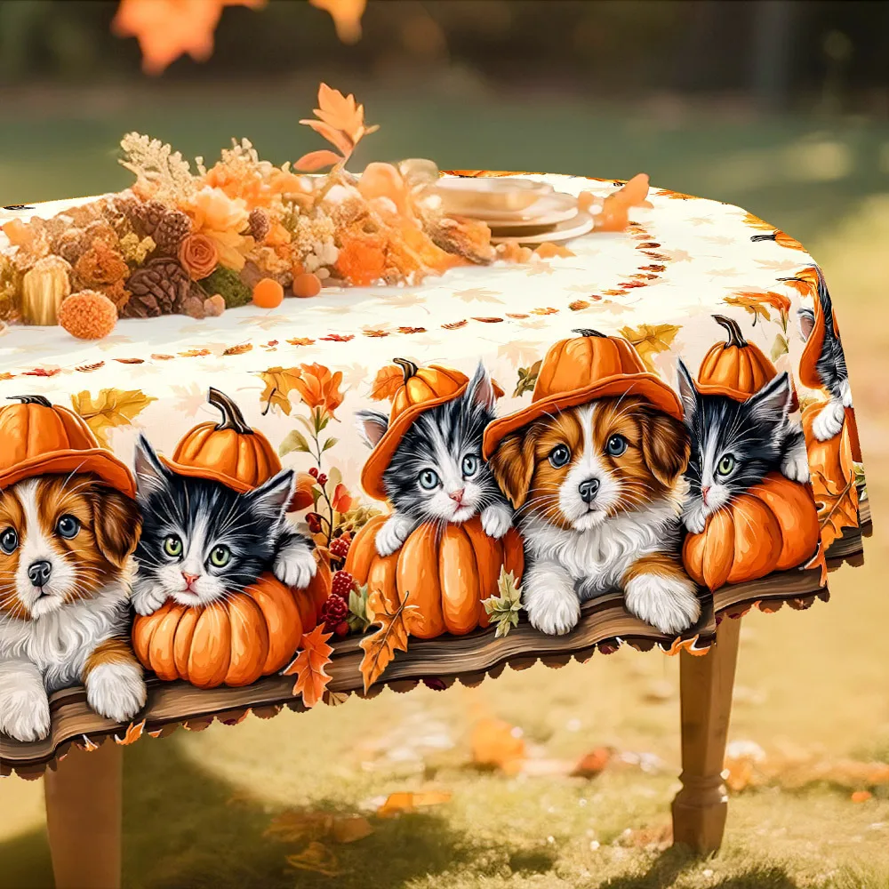 Cats, farm style, rural tablecloth, white and yellow decorations, kittens, puppies and pumpkin patternszyc