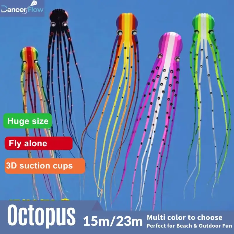 15m / 23m Inflatable Octopus Kite with 3D Suction Cups, Soft Laundry Kite, Professional Giant Kite for Festival