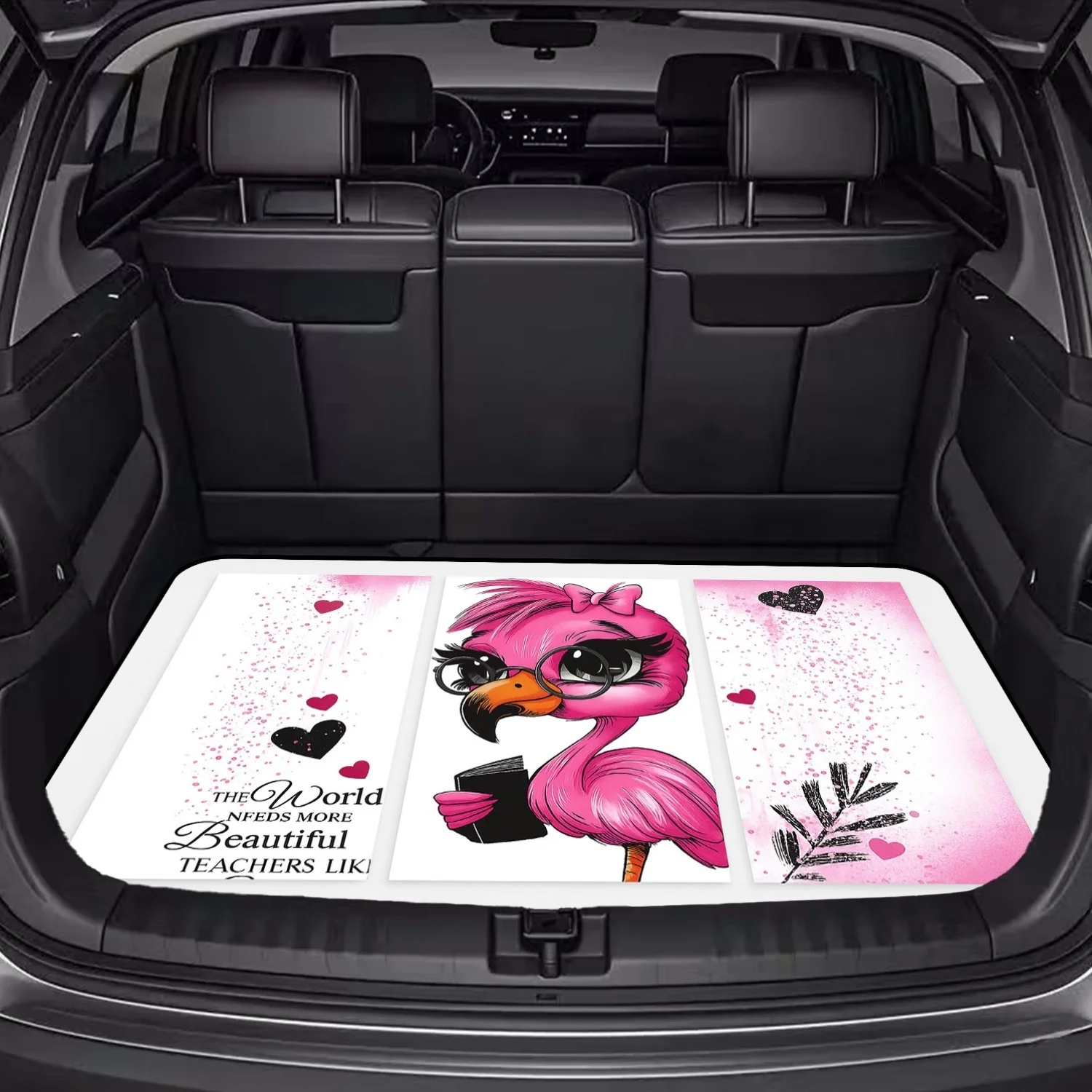 Car Trunk Mat, Cute Pink Flamingo Teacher Letter Print Cargo Liner, Non-Slip Waterproof Rear Trunk Protector, Women Car decor, Car Accessories, Interior Decoration Mat, Universal Fit For SUV Sedan Truck, Sw