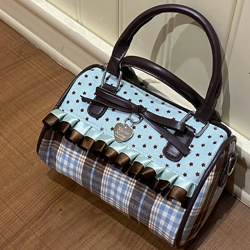 Korean Bow Polka Dot Bag Fashion Bowler Bag Color-blocked Lace Y2k Style Handbag Retro Sweet Plaid Crossbody Zipper Shoulder Bag