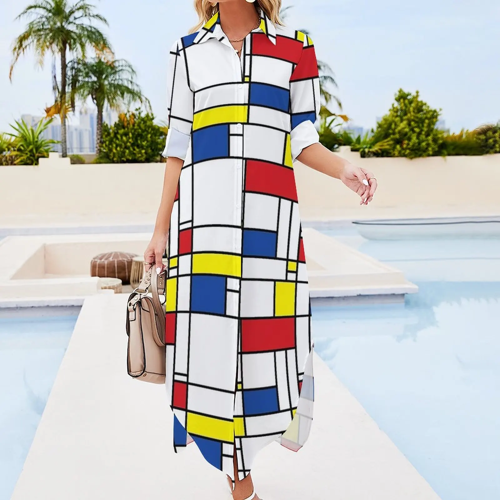 Mondrian Print Casual Dress De Stijl Modern Art Streetwear Dresses Long Sleeve Elegant Woman V Neck Design Chiffon Dress