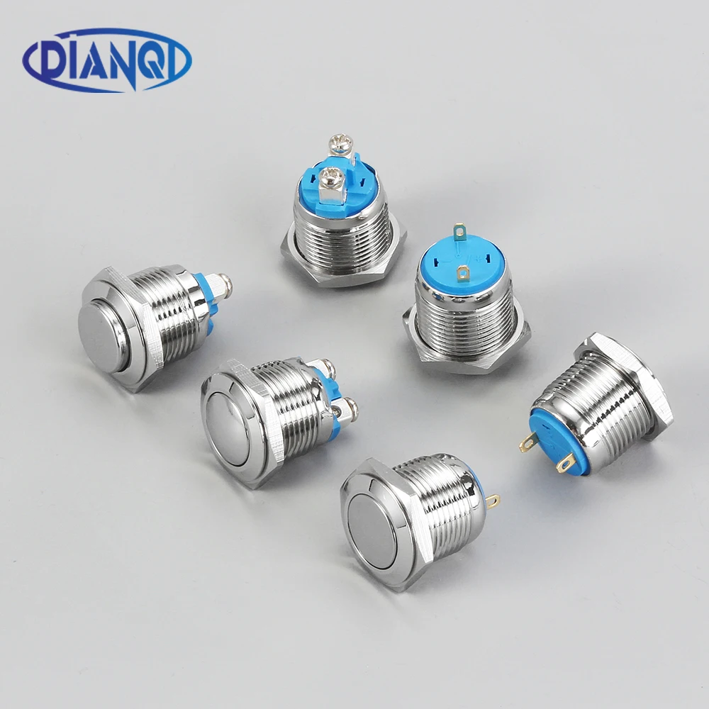 1pc 16mm Metal Push Button Switch Waterproof Nickel Plated Brass Press Button Momentary Self-Reset 1NO Flat Pin/Screw Terminal