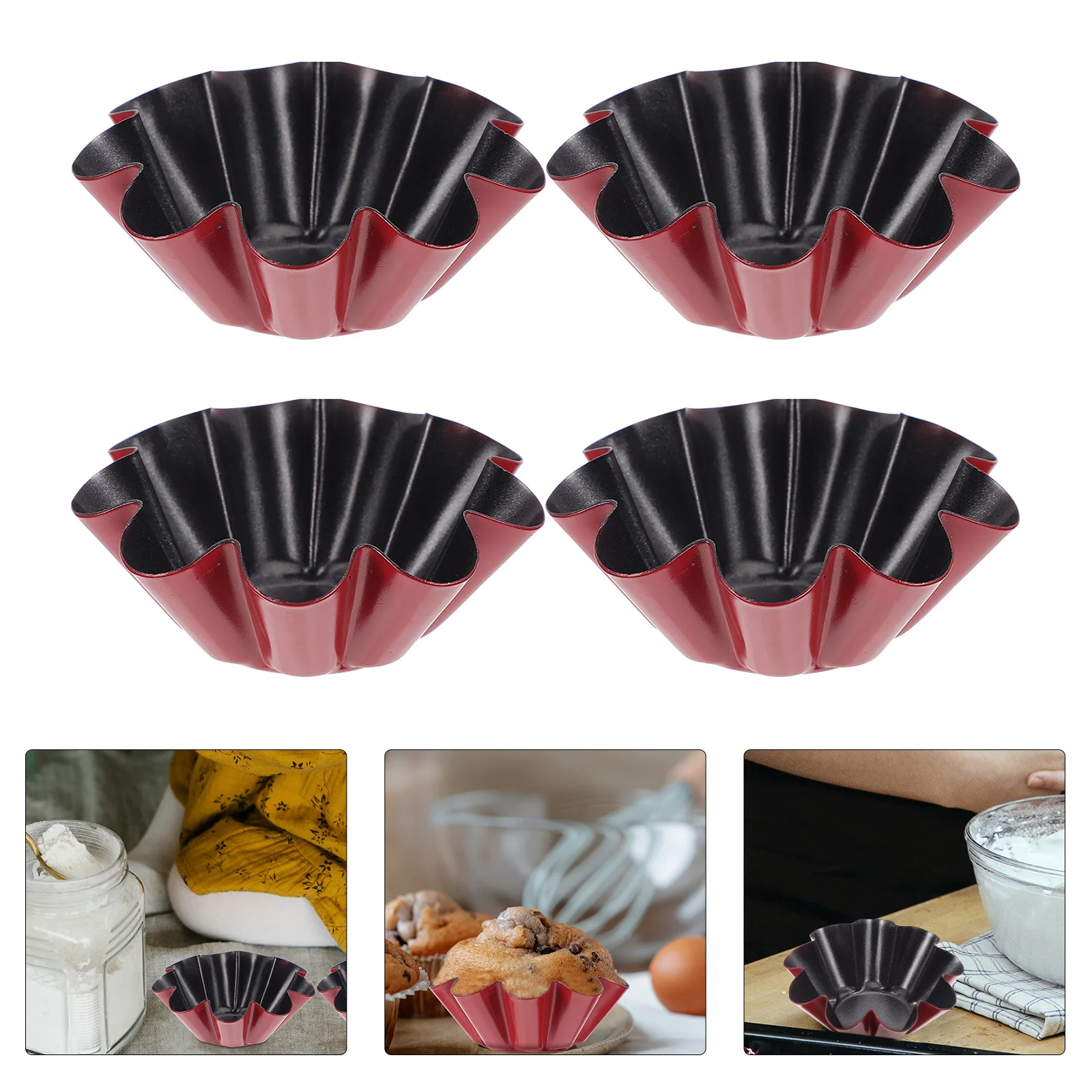 4Pcs Carbon Steel Egg Tart Molds Mini Tart Pie Pan Fluted Design Cupcake Baking Mold Non-Stick Quiche Flan Pan Muffin Baking Cup