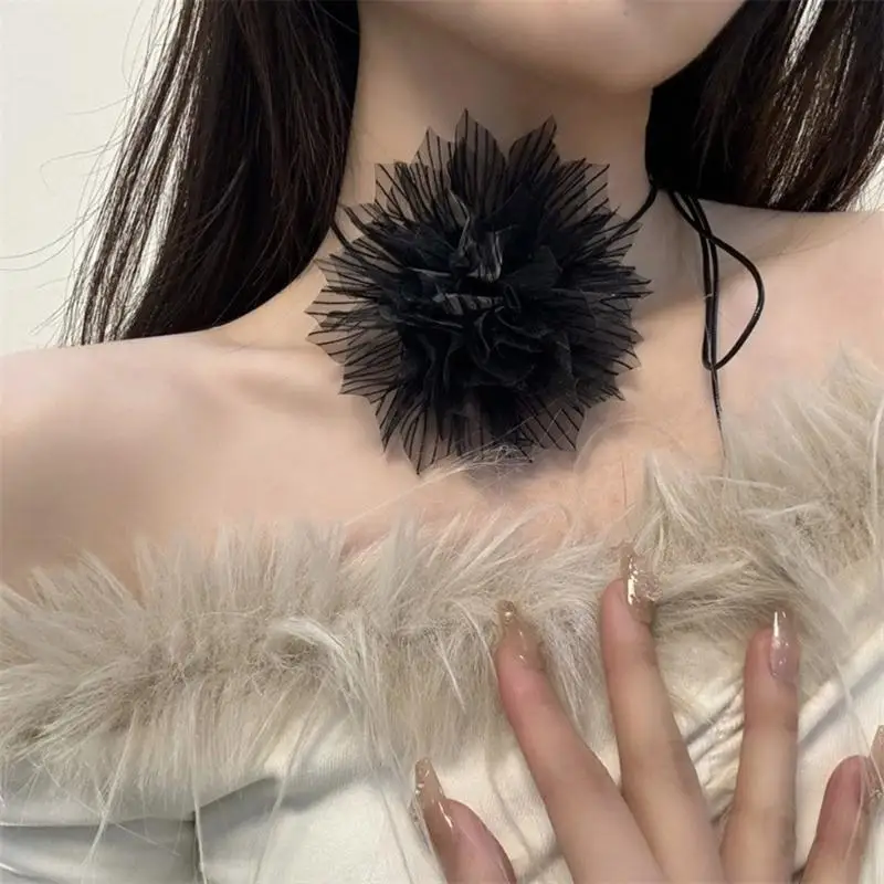 E15E Elegant Gauze Flower Necklace Floral Neckchain Clavicle Chain Blossom