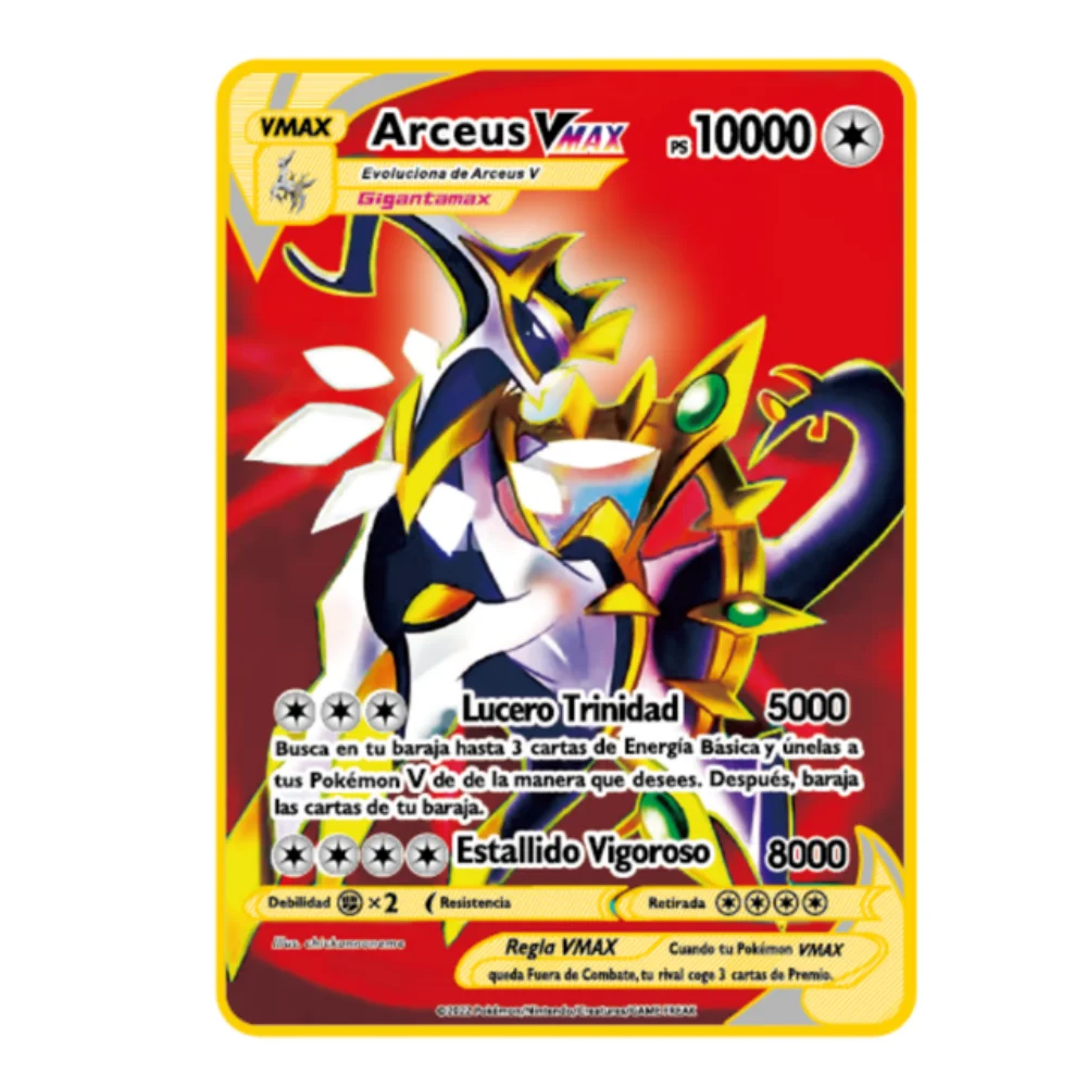 10000PH Pokemon Gold Metal Card Arceus Pikachu Charizard VMAX Spanish Version Pokémon Game Collection Metal Iron Cards Kid Gifts