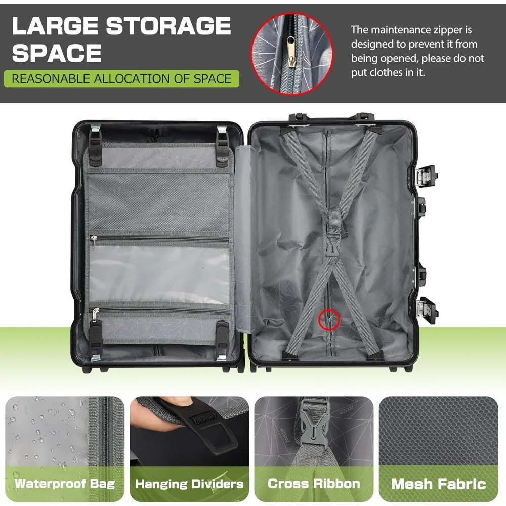 Maleta de equipaje con cerradura TSA de carcasa dura con marco de aluminio, 28 pulgadas, color negro, sin cremallera, esencial para viaje