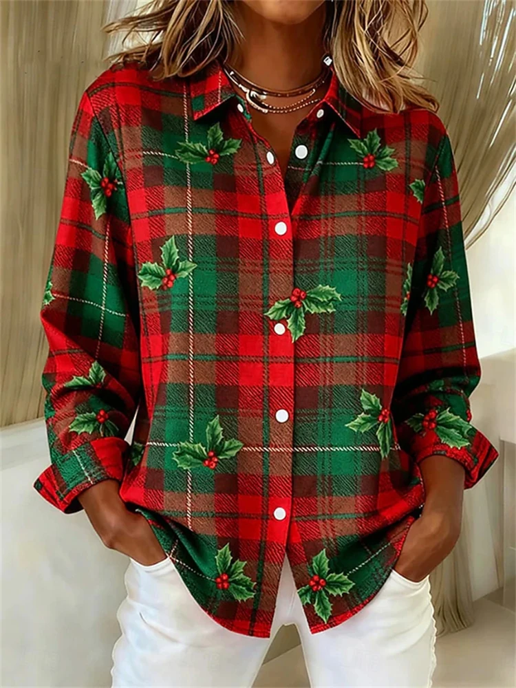 Fashionable Women's Plaid Print Collared Shirt Loose-Fit Long-Sleeve Design For Comfort And Breathability Women's Shirt