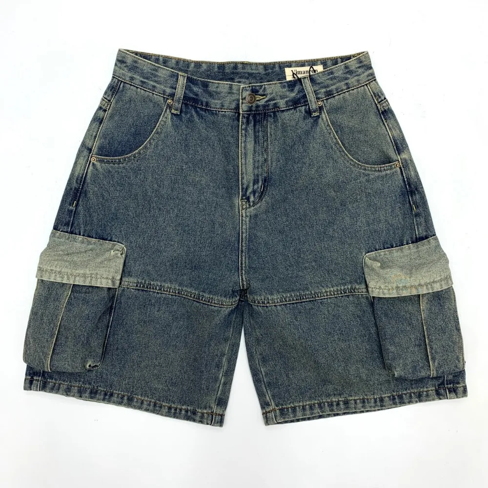 

Heavy washing old denim shorts men's Japanese retro workwear multi-pocket five-point straight wide-leg loose medium pants