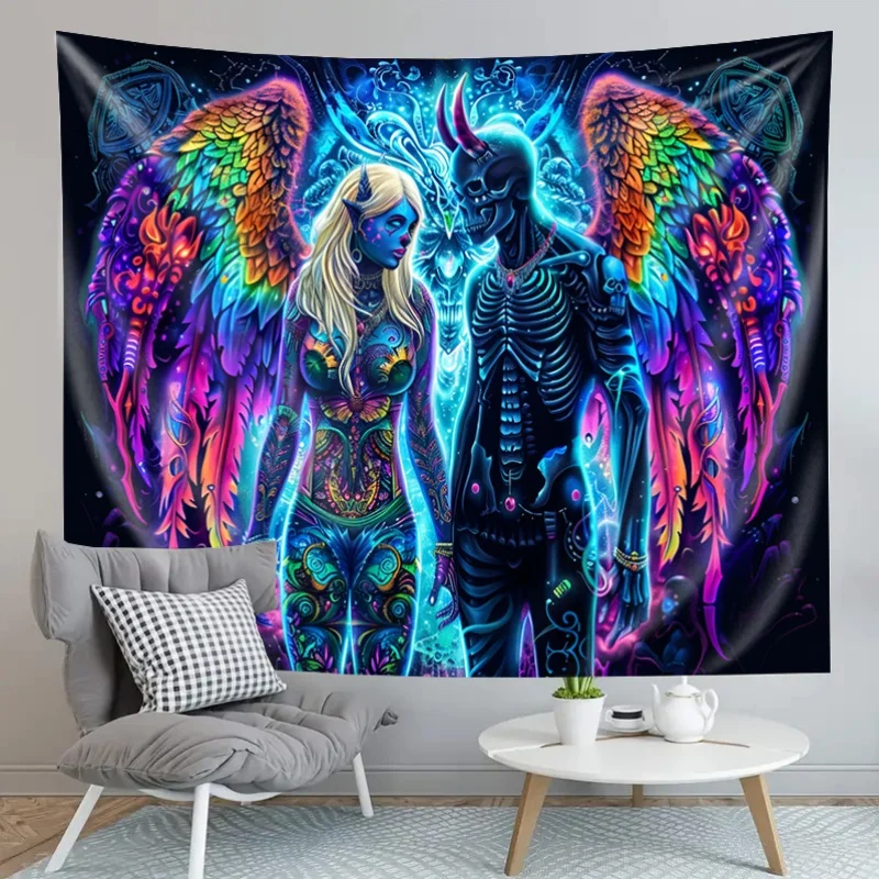 VIKAMA Neon Demon Angel Couple Tapestry Rainbow Wing Wall Hanging Trippy Fantasy Aesthetic Backdrop for Bedroom Blacklight Decor