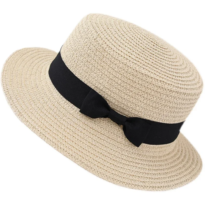 Korean StyleSummerFlatTop Hat for Women-Vintage British Retro Straw Hat,BeachVacation shield Cap,Seaside Travel Accessory