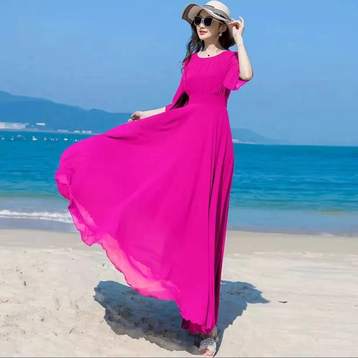 2025 zomer nieuwe chiffon lange jurk voor dames modieuze effen kleur elegant temperament slanke strandvakantie jurken vrouwelijk