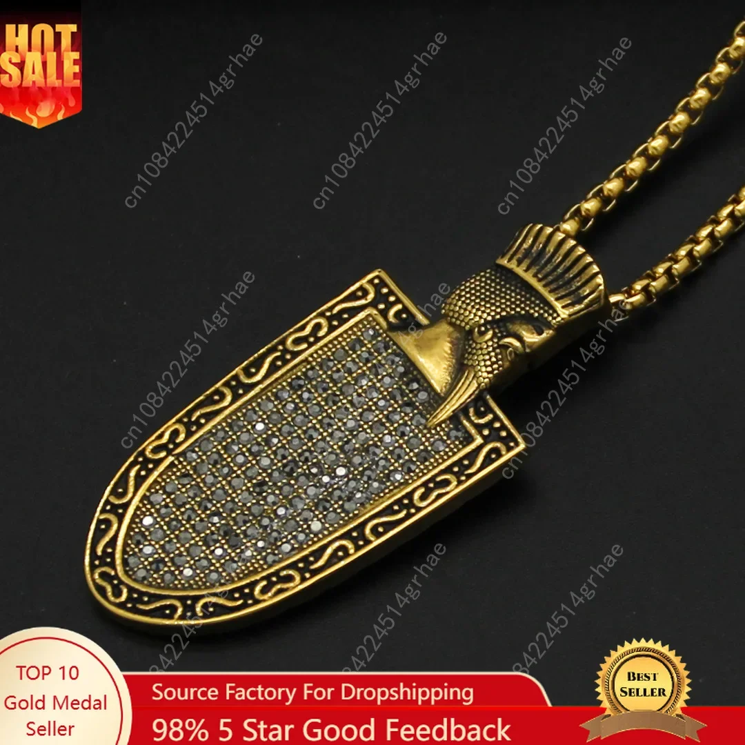 

Lce Out The Faravahar Iranian Shield 316L Stainless Steel with rhinestone Pendant & Chain Gold Color Men Gift Jewelry Necklace