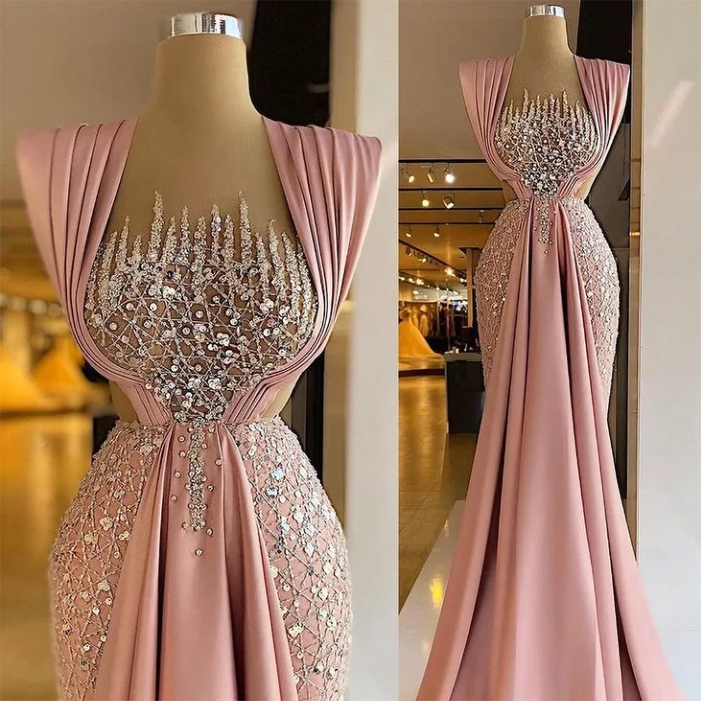 Luxury Pink Evening Dress Elegant Criss-Cross Beading Sequined Pleat Floor Length Mermaid Gowns Fashion Formal Party Prom Dress