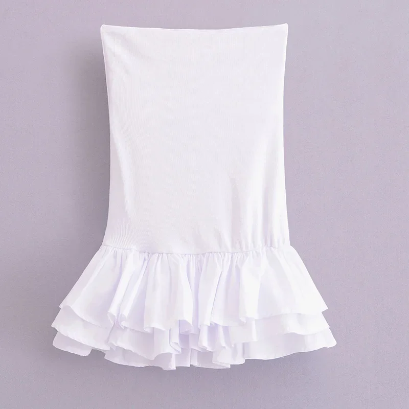 Mini abito senza spalline con spalle scoperte Abito bianco nero con volant lavorato a maglia Abiti corti sexy senza schienale estivi Abiti da festa audace