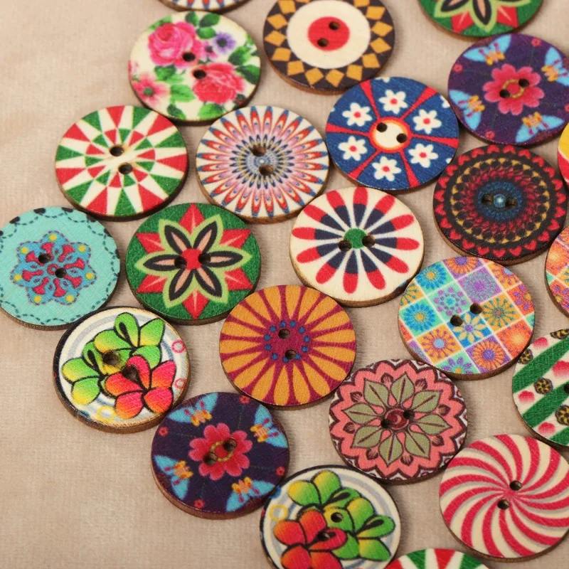 15/20/25mm 100pcs European Vintage Printed Round Wooden Buttons Creative Colourful DiY Sewing Buttons Sewing Supplies