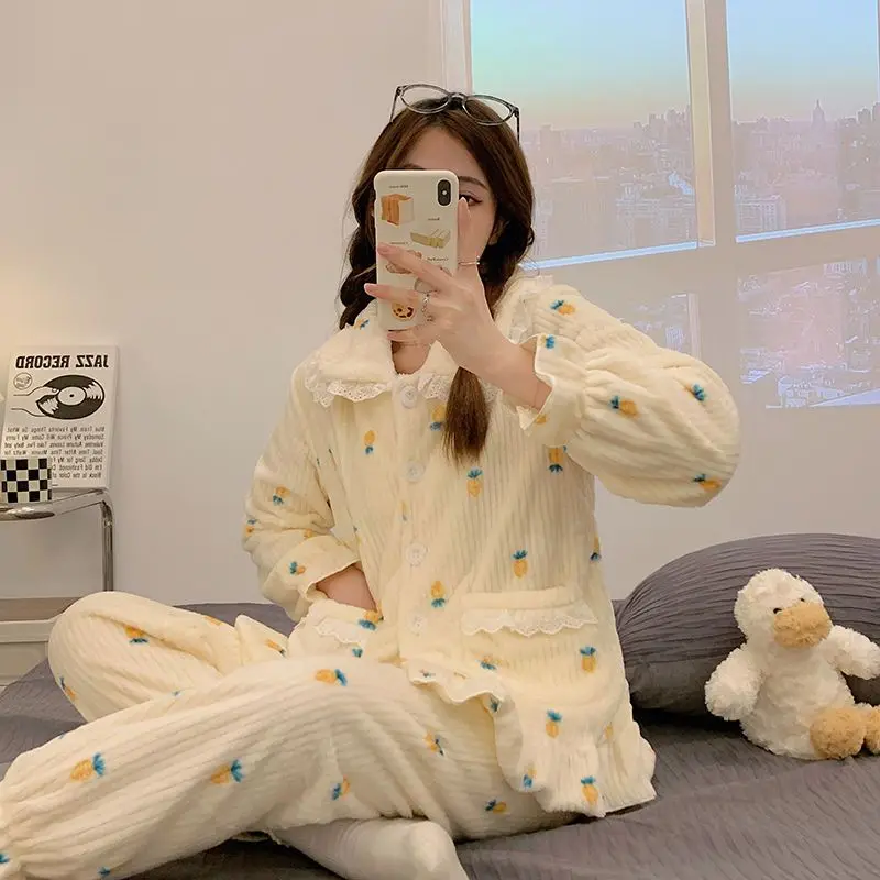 

Girl Autumn Winter Homewear Sweet Princess Style Cardigan Pj Keep Warm Nightwear Coral Fleece Sleepwear Ins Women's Pajama Set