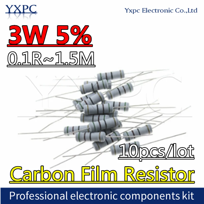 

10pcs 3W Carbon Film Resistor 5% 0.1R - 1.5M 1R 0.22R 4.7R 10R 22R 33R 47R 200R 1K 4.7K 10K 100K 150K 1M 10 22 33 47 4K7 ohm