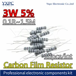 10pcs 3W Carbon Film Resistor 5% 0.1R - 1.5M 1R 0.22R 4.7R 10R 22R 33R 47R 200R 1K 4.7K 10K 100K 150K 1M 10 22 33 47 4K7 ohm