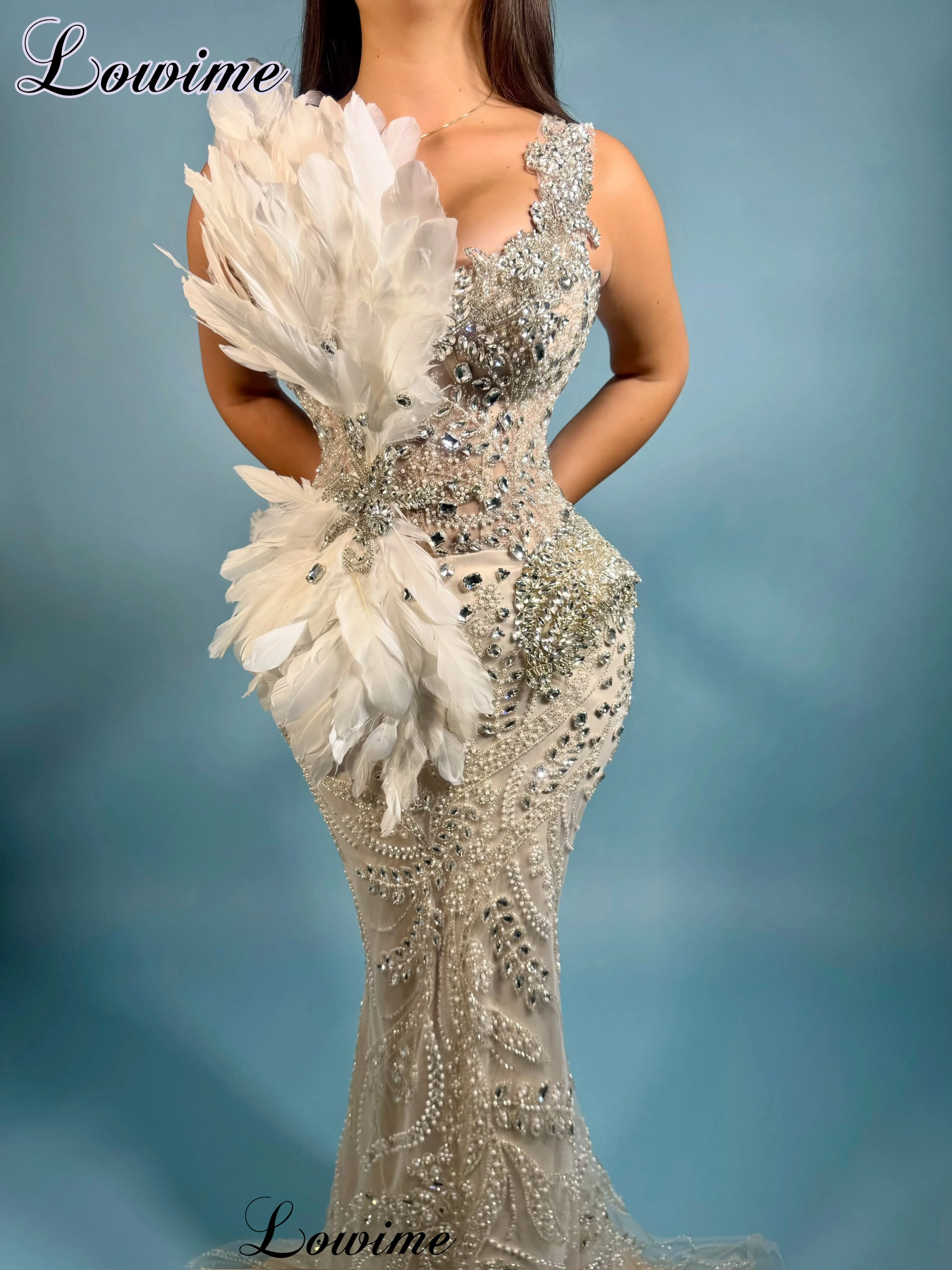 2027 New Beige Beaded Prom Dresses Mermaid Elegant Women's Cocktail Dresses With Feathers Coutures Vestidos De Cóctel Customized