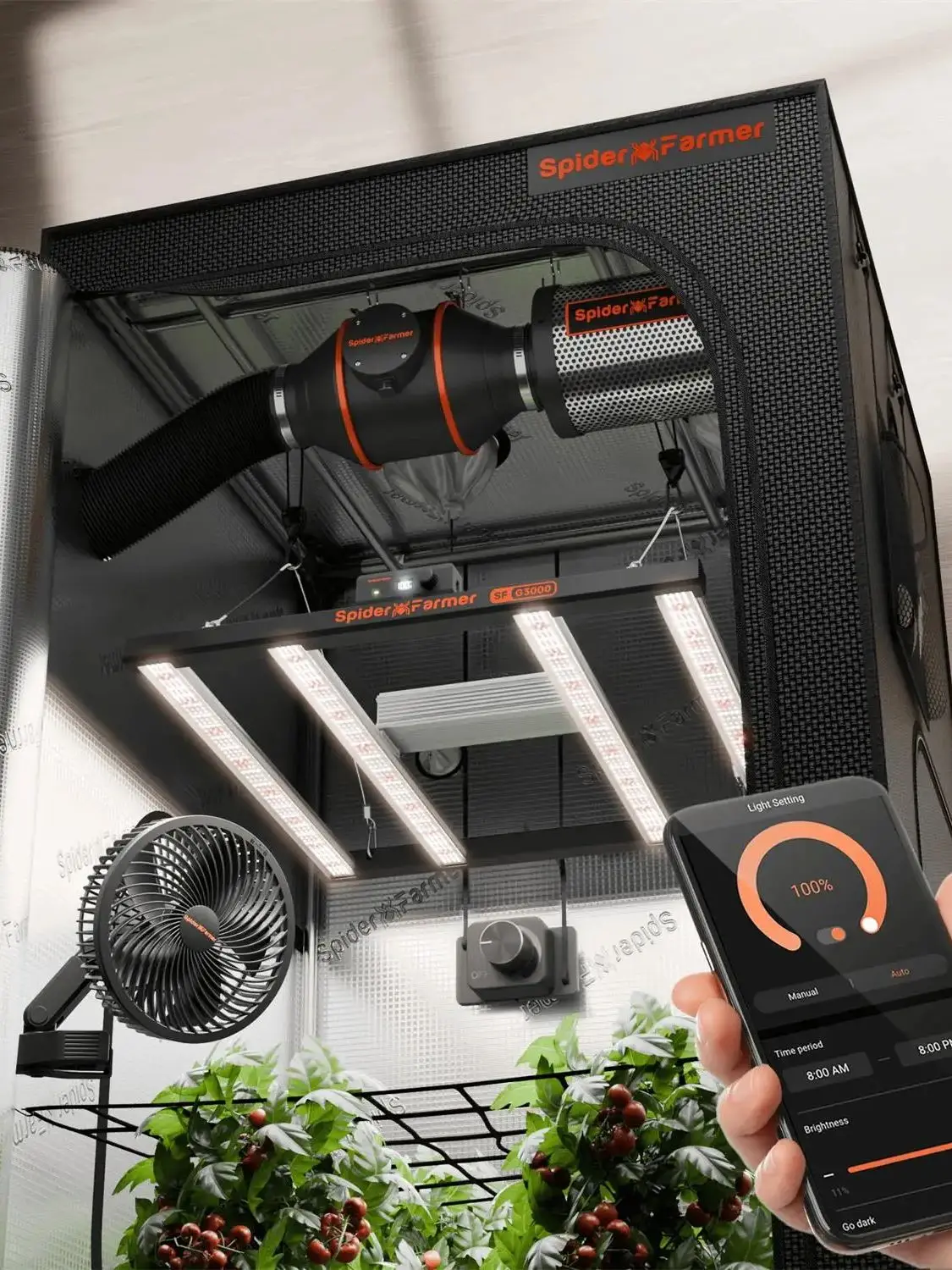 Spider Farmer 0,9 x 0,9 x 1,8 m komplettes Wachstumszelt-Set + G3000 Vollspektrum-LED-Wachstumslicht + 6-Zoll-Clip-Lüfter + 4-Zoll-Inline-Lüfter für das Hauswachstum