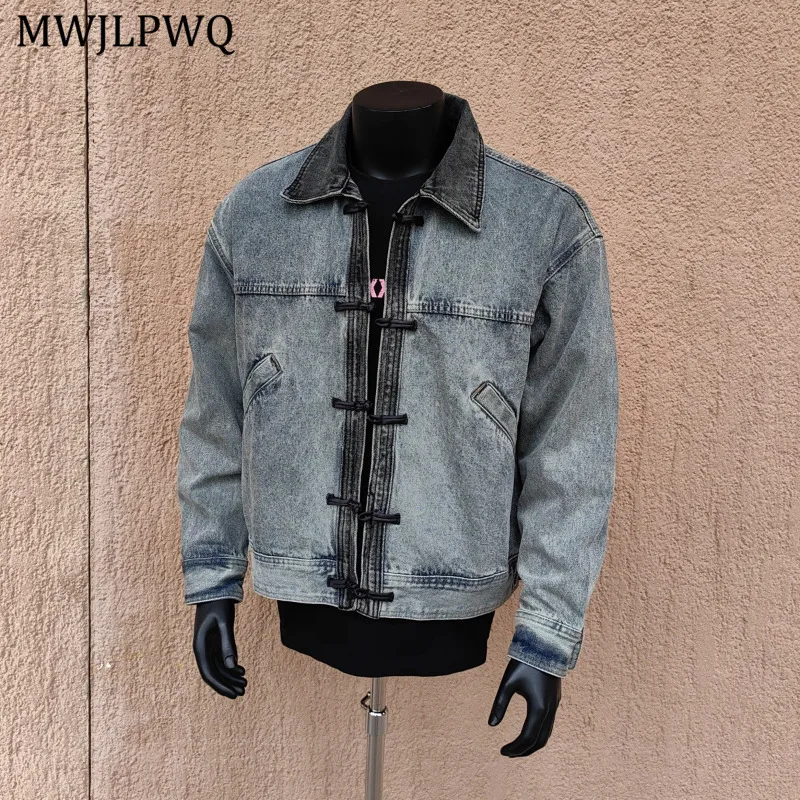 

MWJLPWQ Trend Design Color Block Button Washed Denim Jacket Men Chinese Style Spring 2025 Tide Short Turn-Down Collar Tops 11171