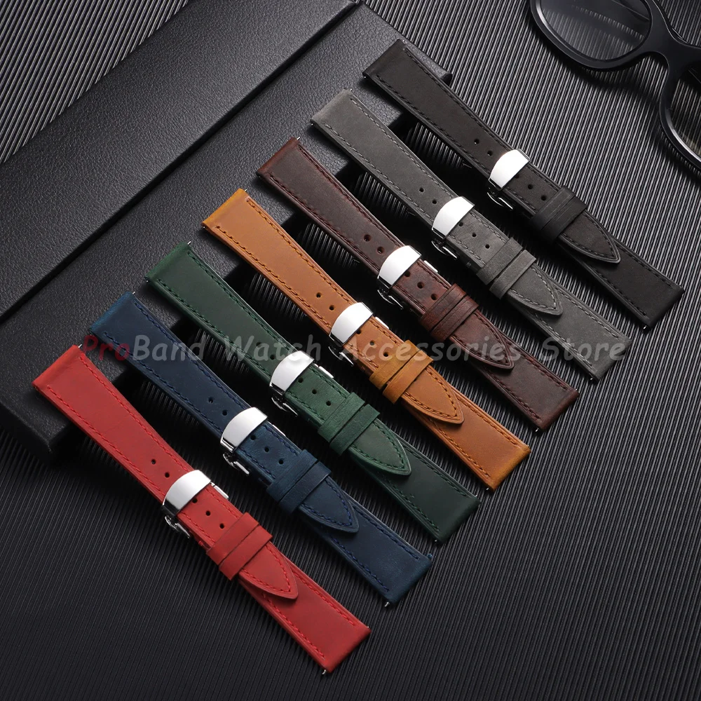 18/19/20/21/22/24mm Cowhide Watch Strap Retro Deep Brown Quick Release Watchband for Casio for Samsung Galaxy Watch 7/6/5/4 44mm