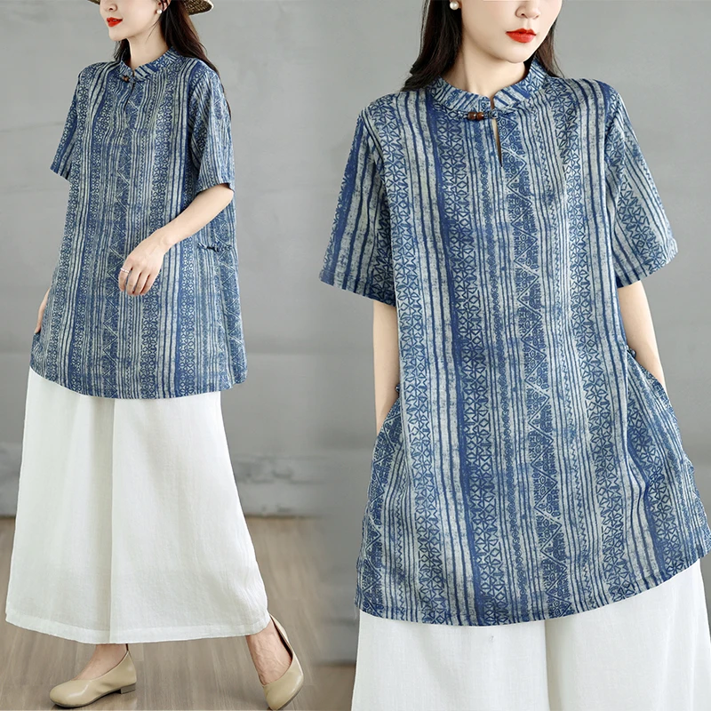 

Summer 2026 Retro Print Cotton Linen Shirt round Neck Button up Women's Lazy Style Large Size Top Comfortable Commute Fashion