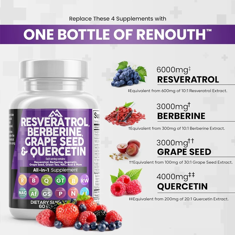 Resveratrol grape seed extract,Quercetin green tea extract,N-acetylcysteine, Acai berry extract  60 capsules vegetarian capsules