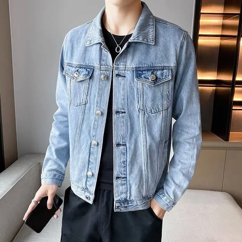 

Ковбойское пальто с лацканами Slim Fit для мужчин Размер L Оригинальная стираная роскошная мода Y2k из ткани Новая в Джокере Корейский рок Джинсовые куртки Мужские