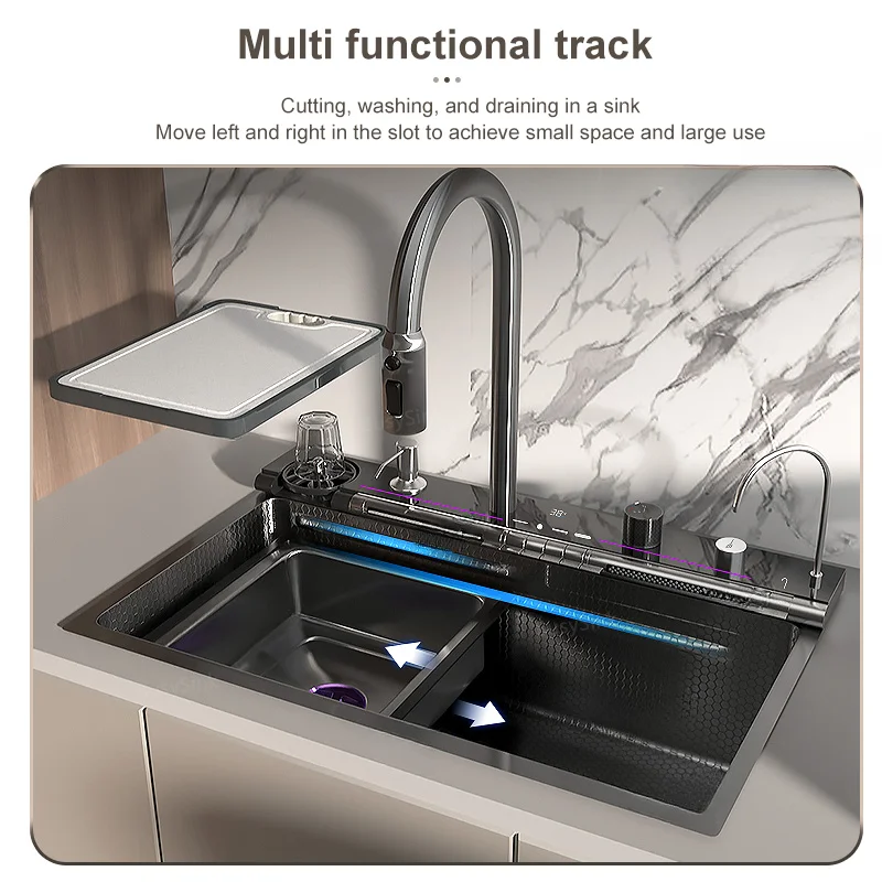 Stainless Steel Kitchen Sink Digital Display Waterfall Sink Embossed Large Single Slot Apartment Multifunctional Wash Basin