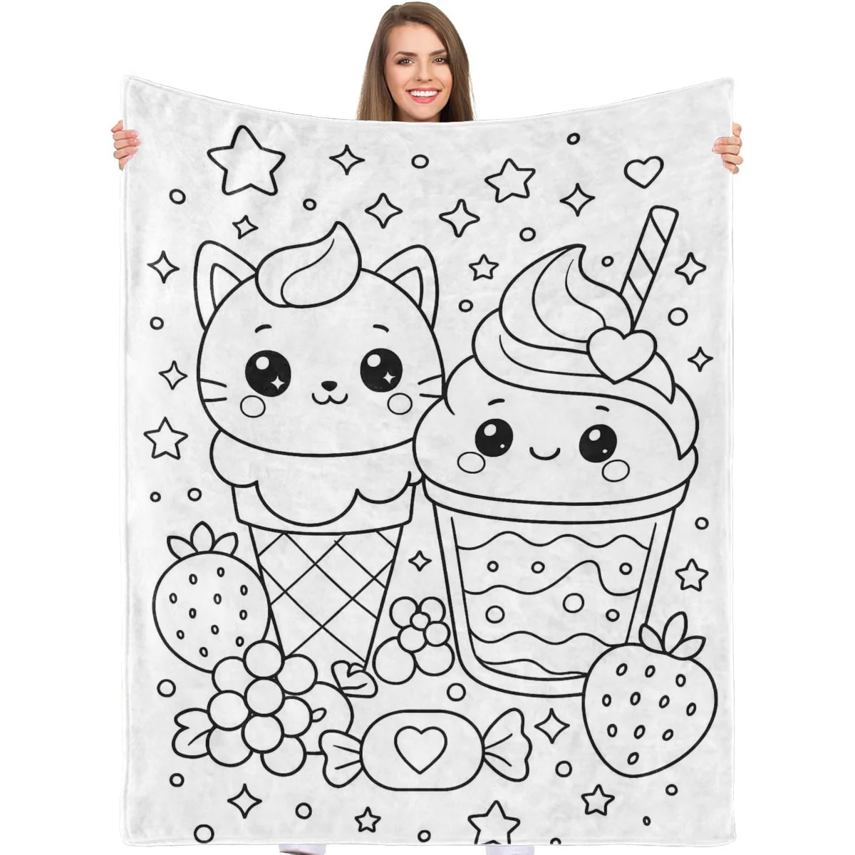 DIY Coloring Flannel Blanket. Cat Ice Cream Strawberry Line Print, Warm Soft for Sofa Office, Birthday Thanksgiving Halloween Ch