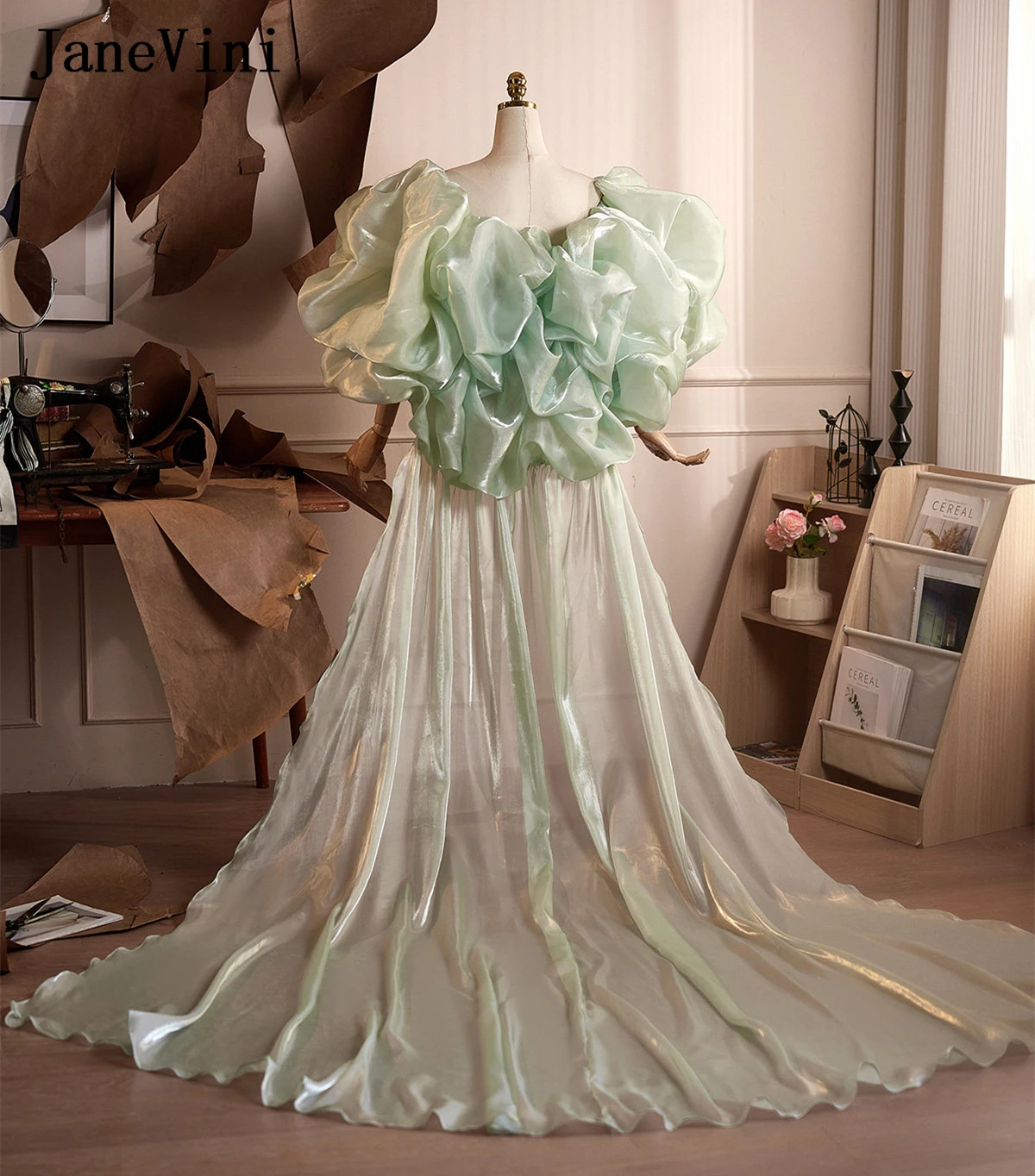 

JaneVini Mint Green Organza Puff Sleeve Bolero Jackets for Evening Dresses Long Train Ruffle Bridal Wedding Shawl Cape Wrap Coat