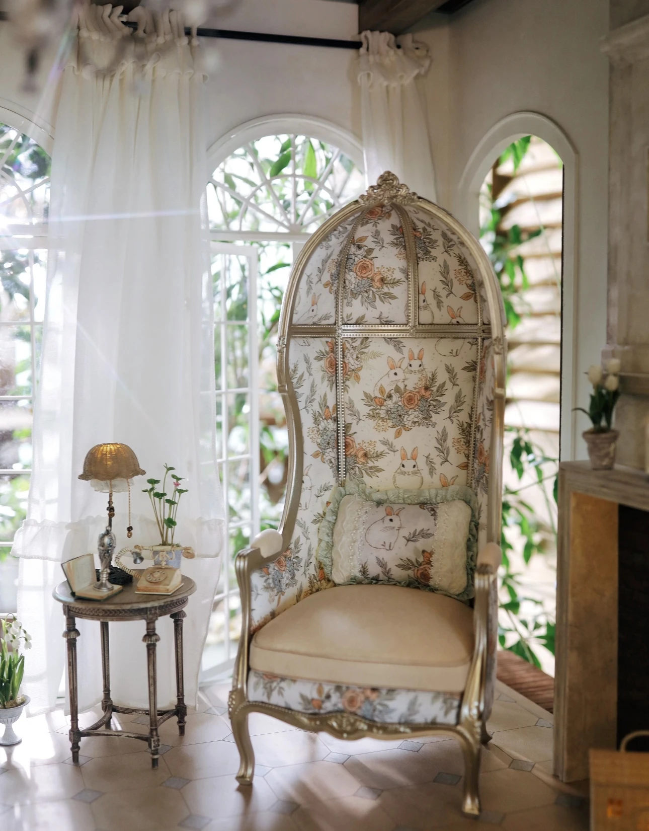 

1/12 Dollhouse Miniature French Birdcage Sofa Chair - Vintage Floral Print Furniture for BJD Dollhouse Decor Accessories Blythe