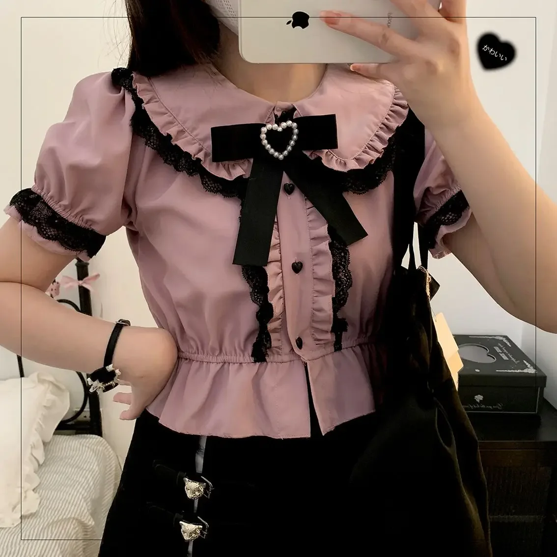 NONSAR Japanese sweet Cute Lolita Puff Sleeve Shirt Summer Y2k Lace Heart Button Kawaii Bow Short Blouse New Women Princess Tops