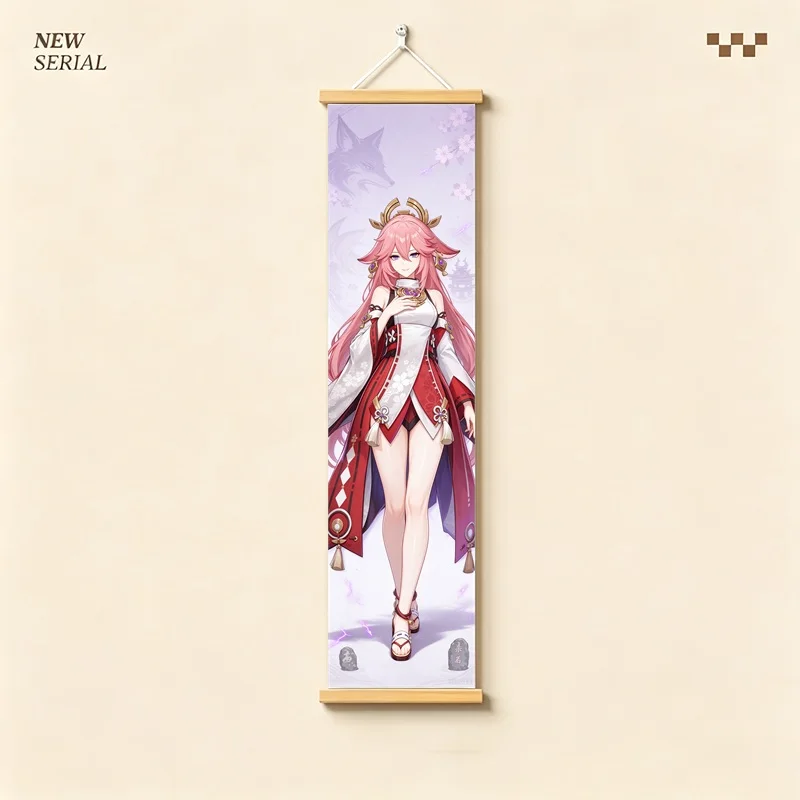 Hanging Scroll Wall Art of Genshin Impact Yae Miko with Violet Glow and Pink Hair on Silver Shimmer Canvas for an Anime Bedroom