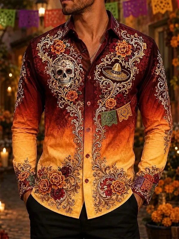 Day Of The Dead Floral Skull Pattern Graphic Print Mens Long Sleeve Button Down Shirt Mexican Festival Tops