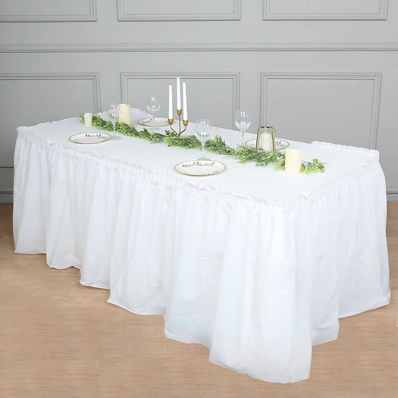 2PCS White Ruffled Plastic Disposable Table Skirts Waterproof Spill Proof Outdoor Table Skirting
