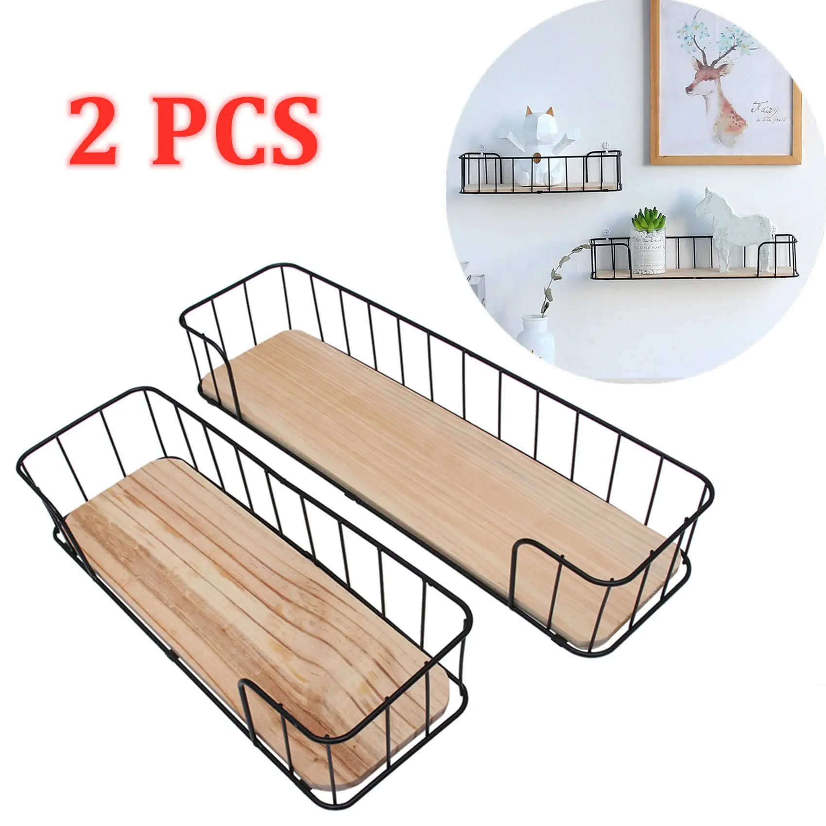 2Pcs Iron Floating Wall Shelf No Drill Storage Rack for Bathroom Kitchen Living Room Home Organizer Wall Mounted Space Saving